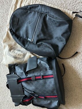 Gucci Black Monogram Backpack with Web Stripe